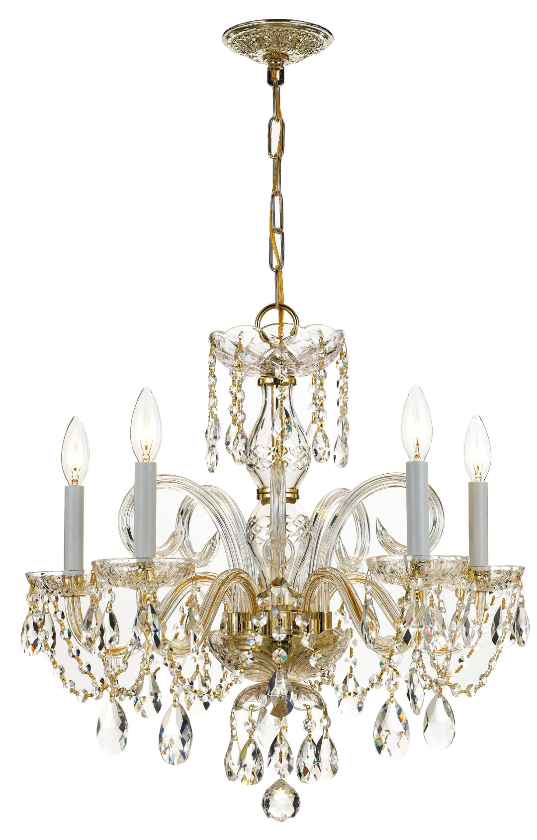 Traditional Crystal 5 Light Swarovski Strass Crystal Polished Brass Chandelier