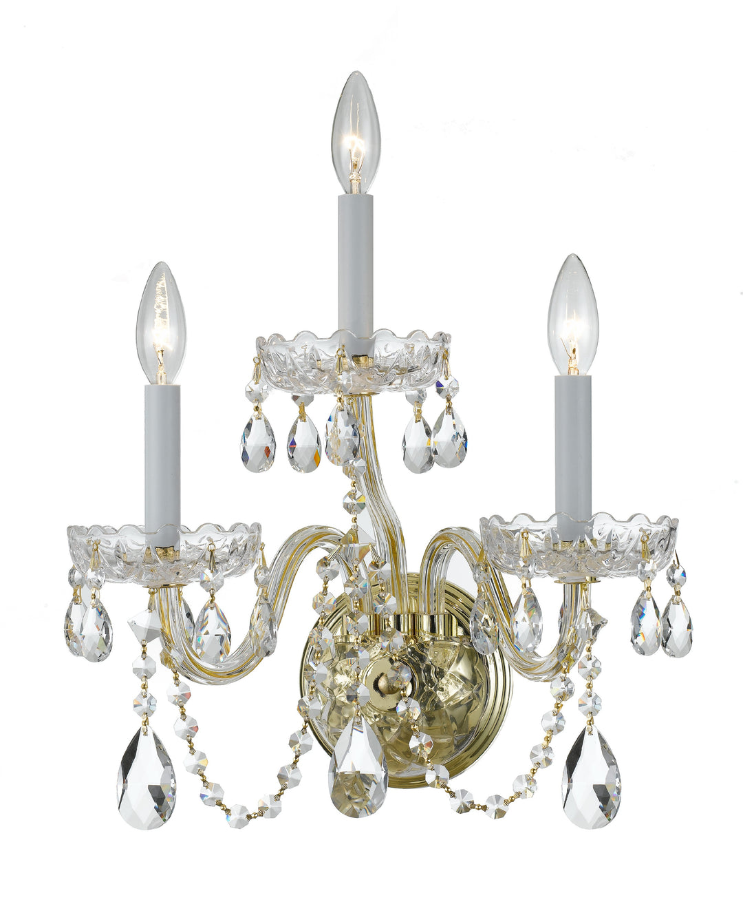 Traditional Crystal 3 Light Swarovski Strass Crystal Polished Brass Sconce