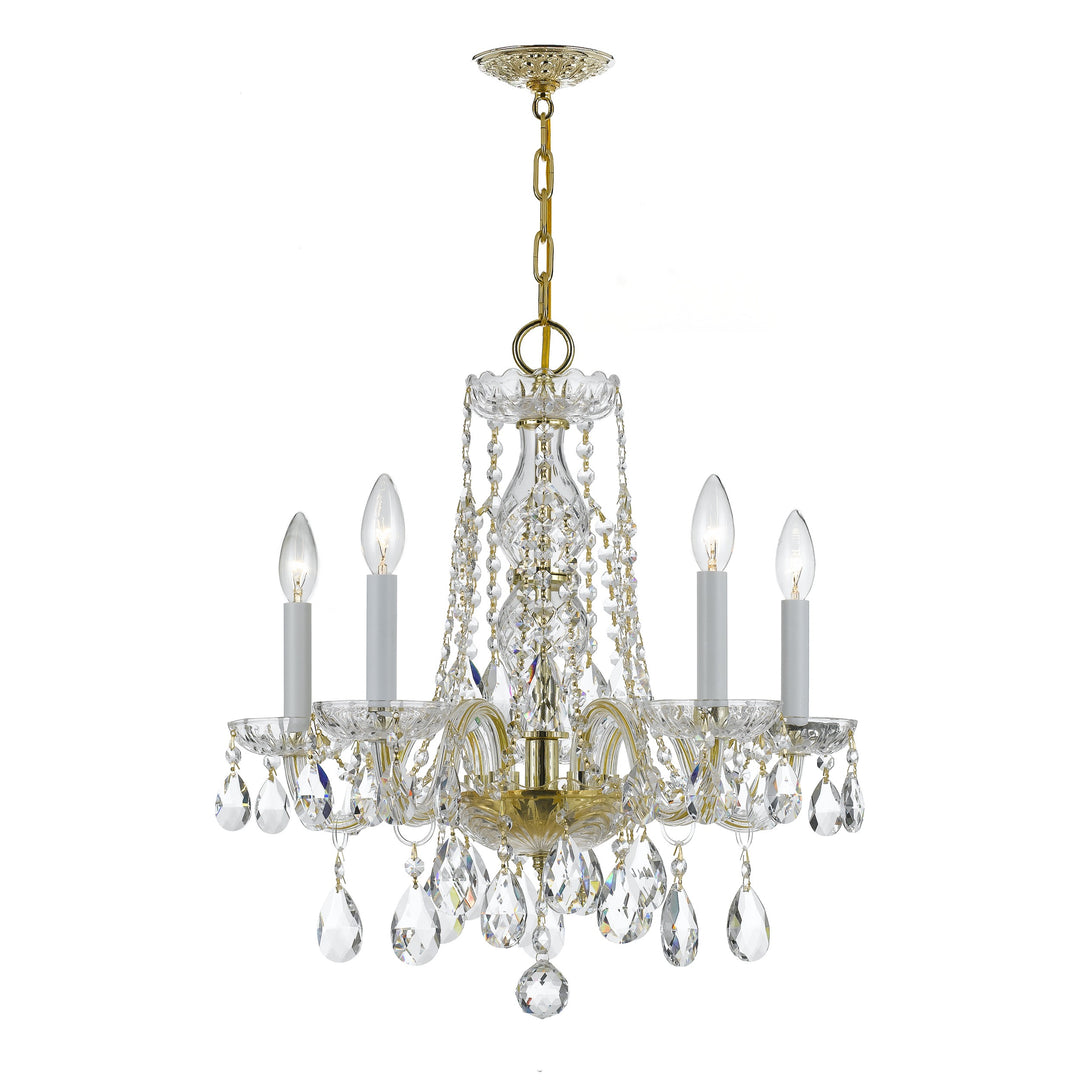 Traditional Crystal 5 Light Hand Cut Crystal Polished Brass Chandelier