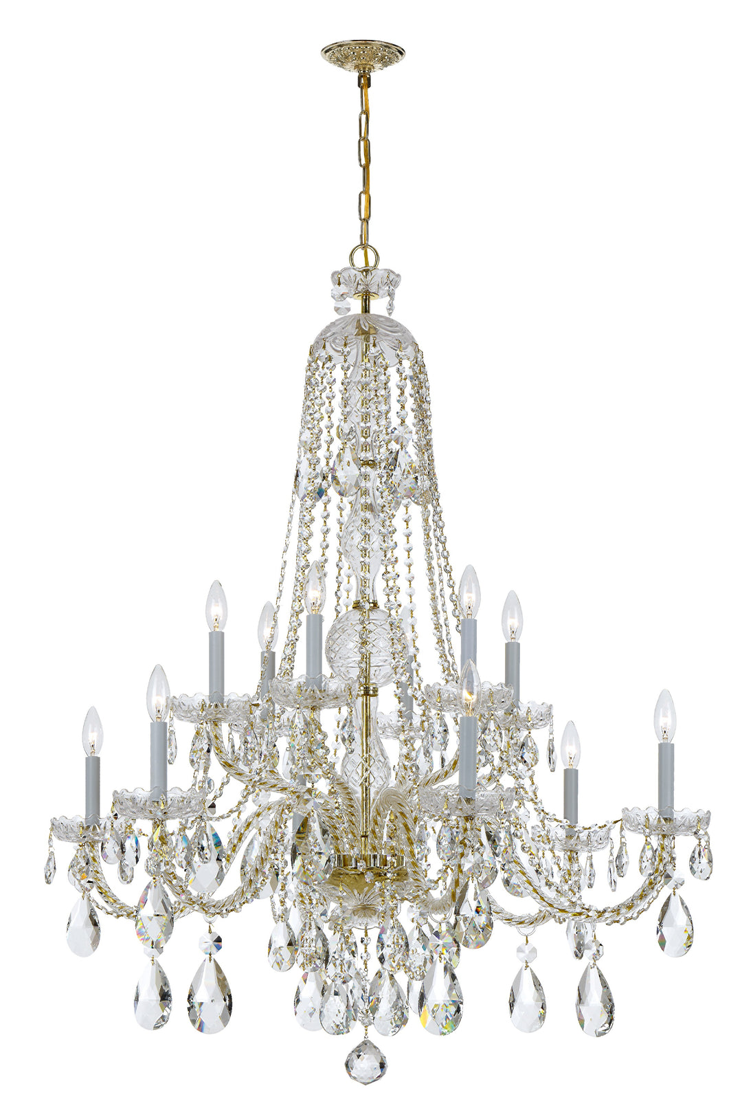 Traditional Crystal 12 Light Spectra Crystal Polished Brass Chandelier