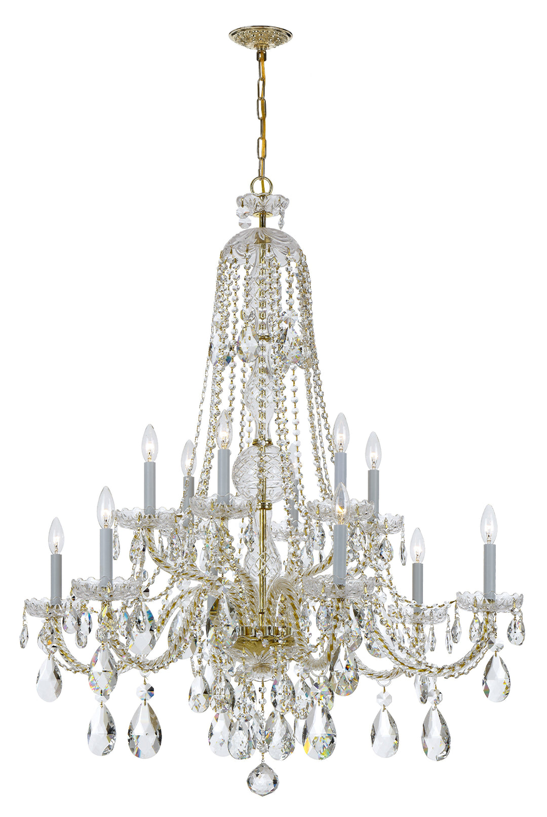 Traditional Crystal 12 Light Hand Cut Crystal Polished Brass Chandelier