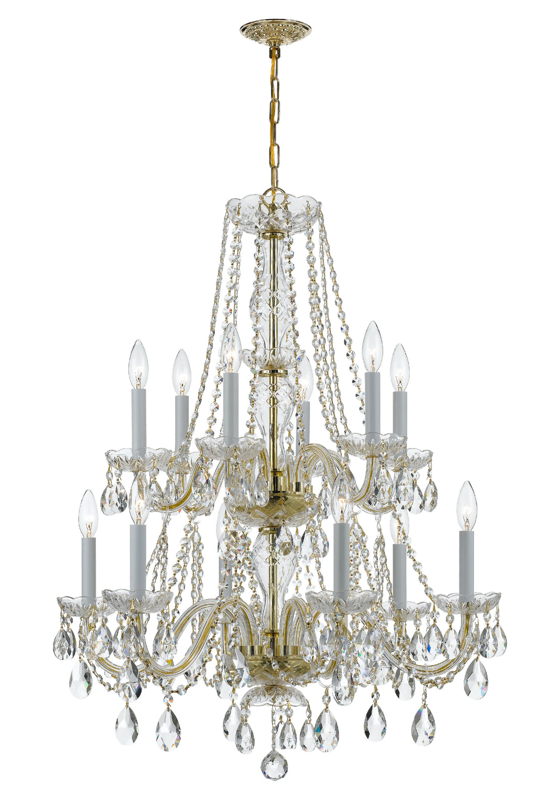 Traditional Crystal 12 Light Swarovski Strass Crystal Polished Brass Chandelier