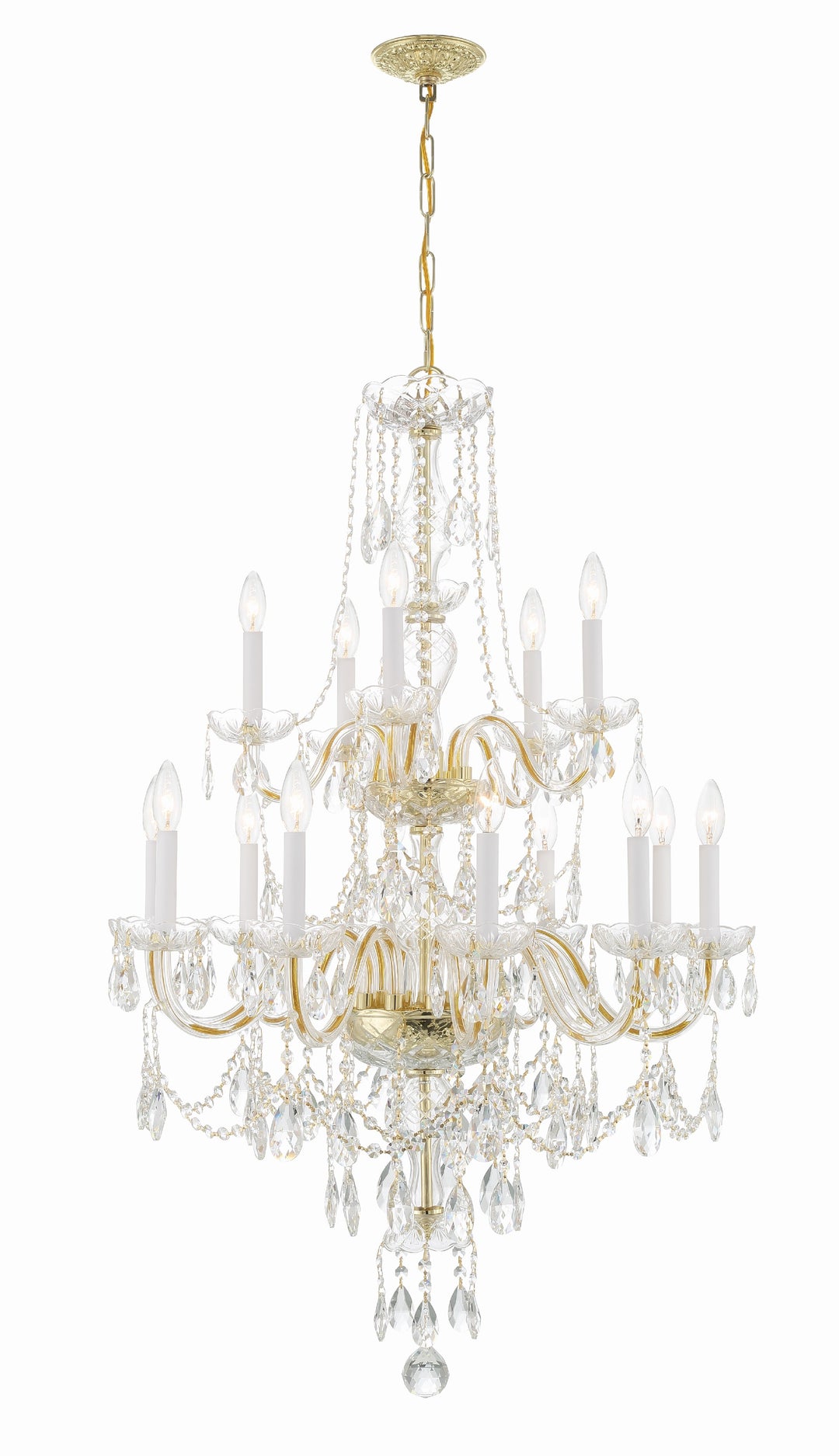 Traditional Crystal 15 Light Hand Cut Crystal Polished Brass Chandelier