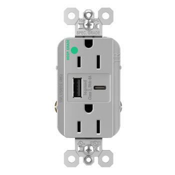 15A 125V HGTR REC+USBA+C FAST CHRG GRY
