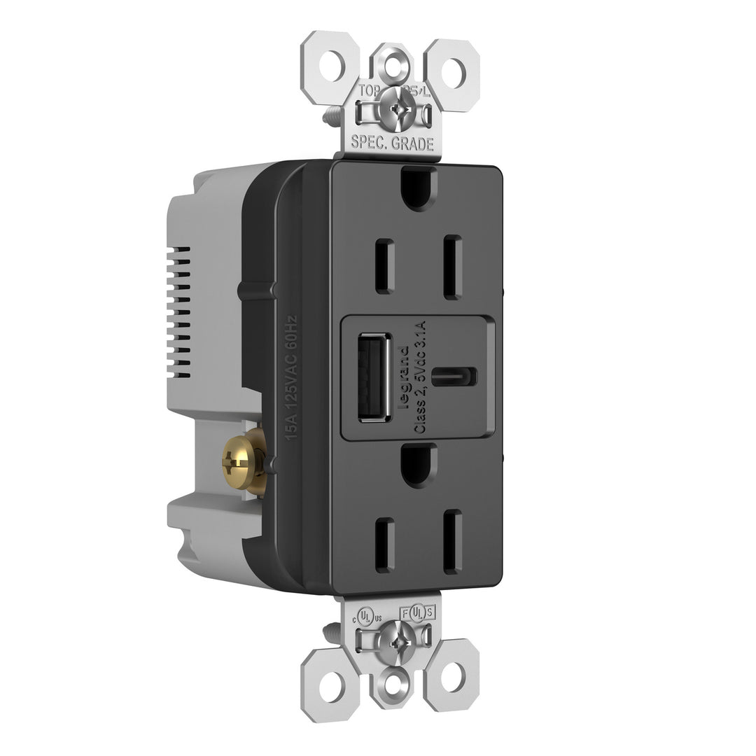 15A 125V DUP TR REC + USBA USBC 3.1A BK