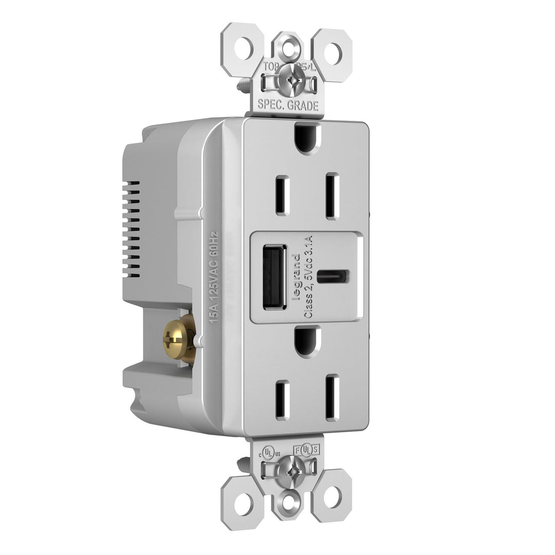 15A 125V DUP TR REC + USBA USBC 3.1A GRY
