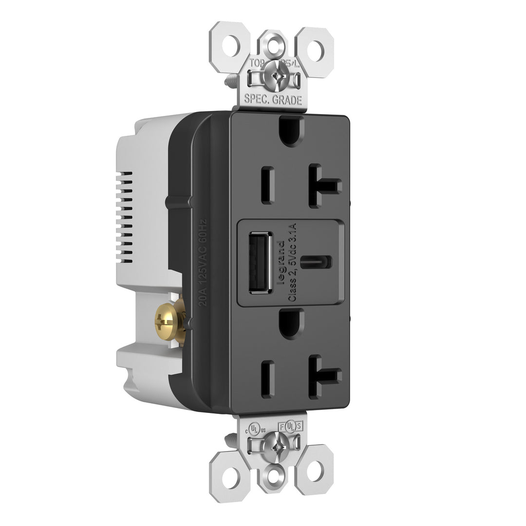 20A 125V DUP TR REC + USBA USBC 3.1A BK