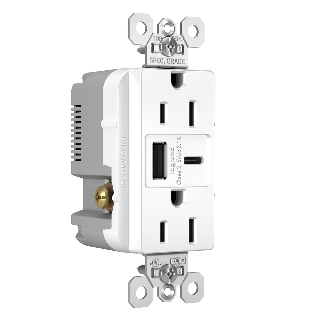 15A 125V DUP TR REC + USBA USBC 3.1A WH
