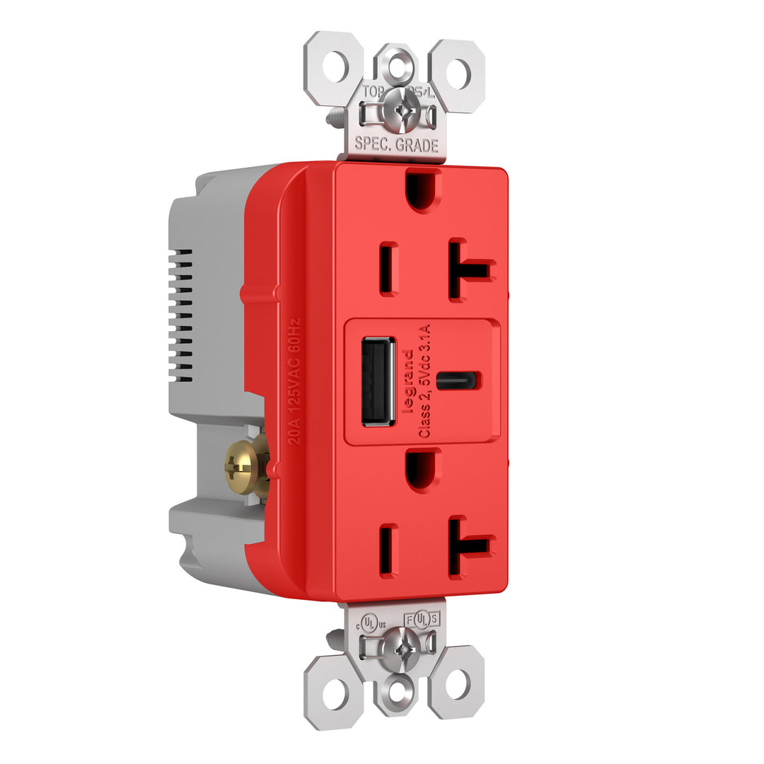 20A 125V DUP TR REC + USBA USBC 3.1A RED