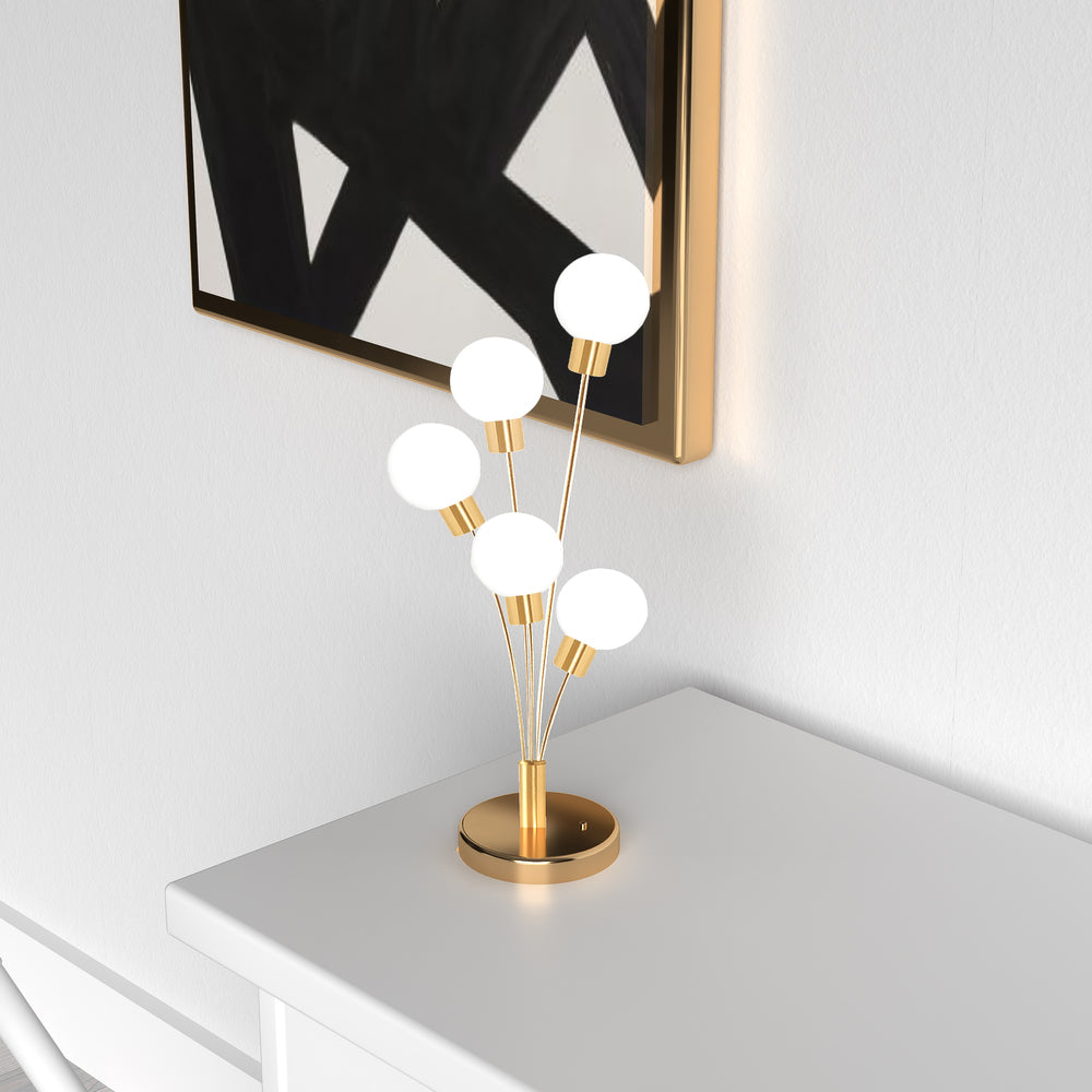 5LT Incandescent Table Lamp, Aged Brass w/Wh Glass