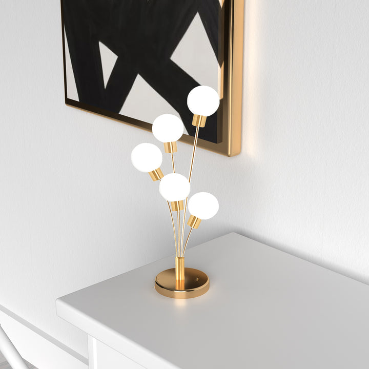 5LT Incandescent Table Lamp, Aged Brass w/Wh Glass