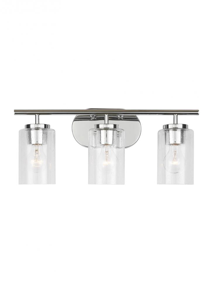 Oslo dimmable 3-light wall bath sconce in a chrome finish with clear seeded glass shade