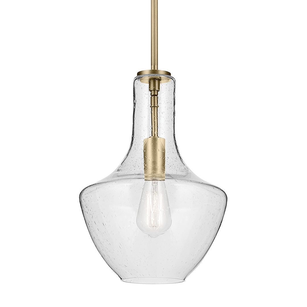 Everly 15.25" 1-Light Bell Pendant with Clear Seeded Glass in Brushed Natural Brass