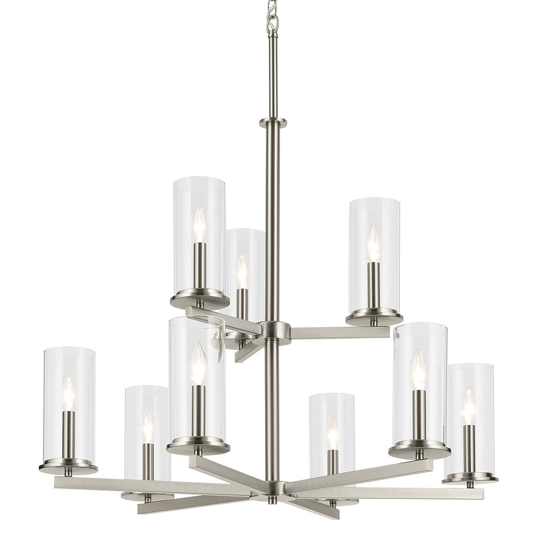 Crosby 32.5" 9-Light 2-Tier Chandelier with Clear Glass in Brushed Nickel