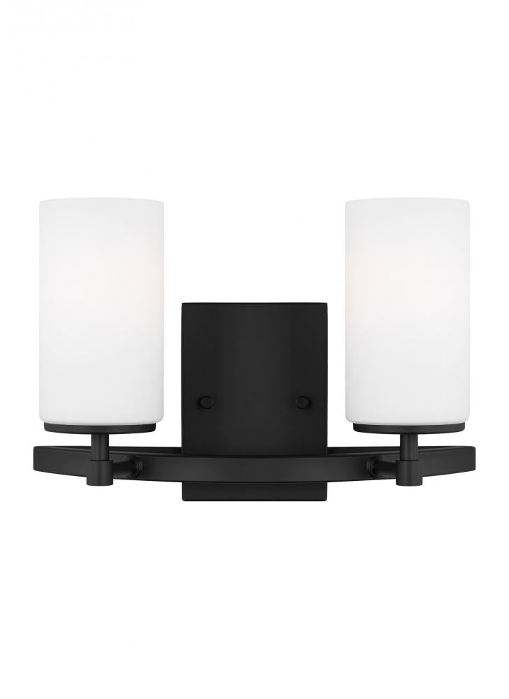 Alturas indoor dimmable LED 2-light wall bath sconce in a midnight black finish and etched white gla