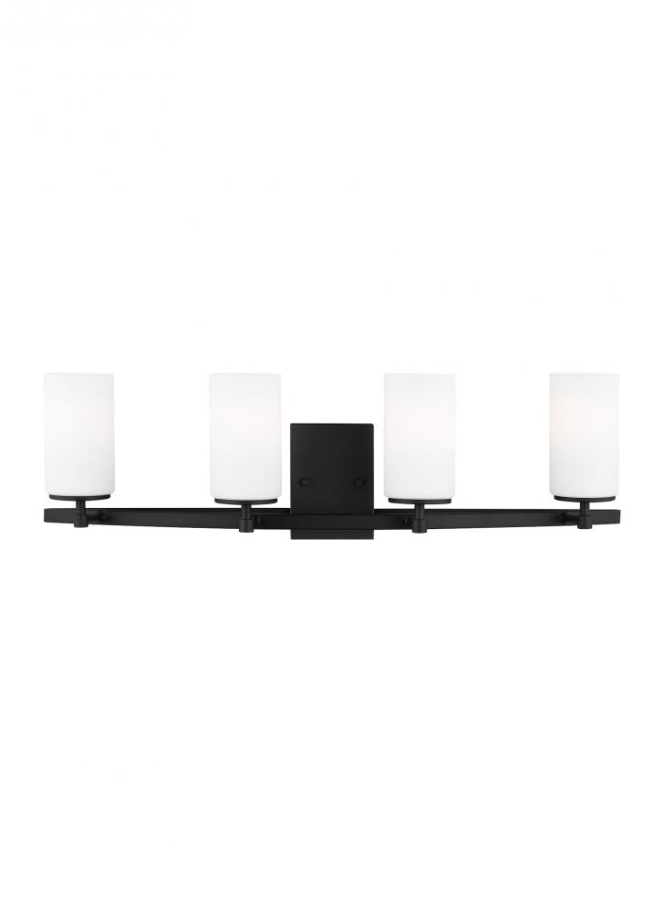 Alturas indoor dimmable LED 4-light wall bath sconce in a midnight black finish and etched white gla