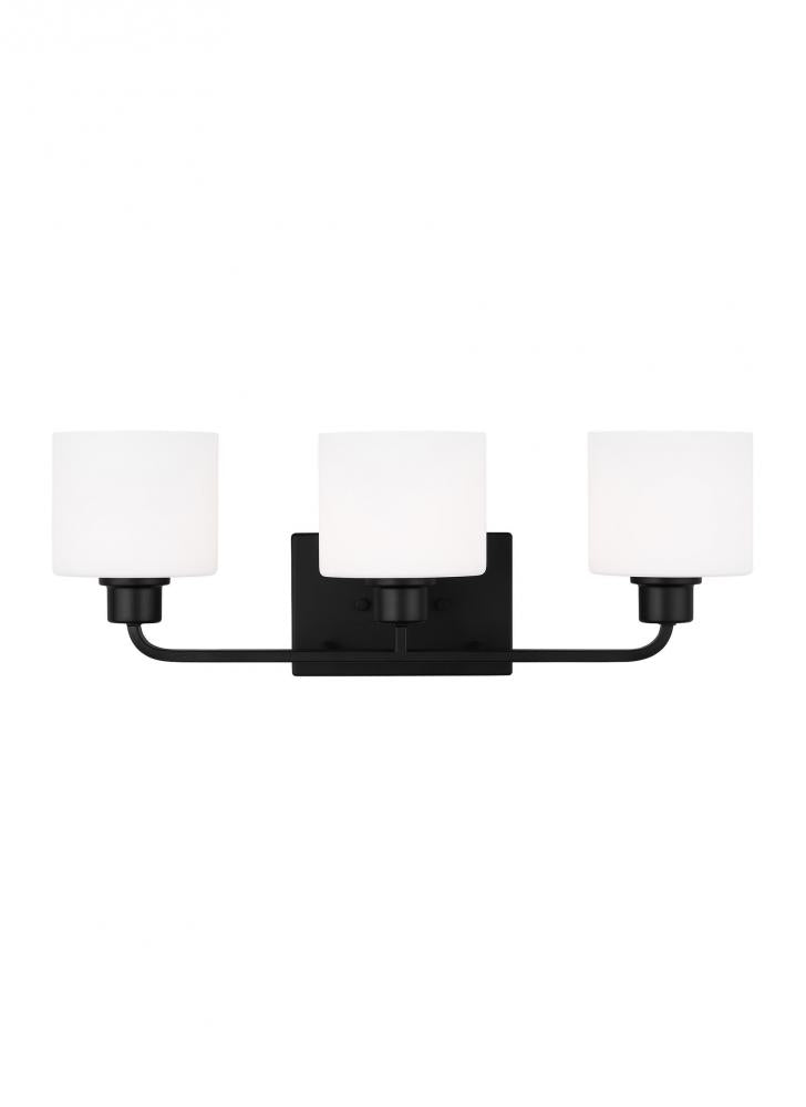 Canfield indoor dimmable 3-light wall bath sconce in a midnight black finish and etched white glass