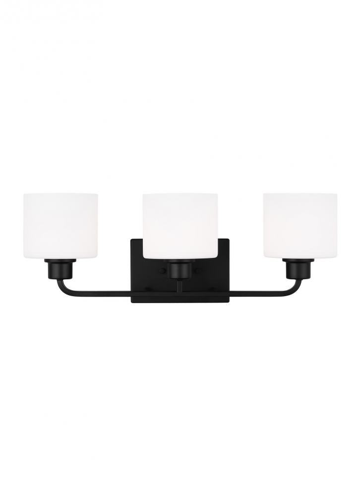 Canfield indoor dimmable LED 3-light wall bath sconce in a midnight black finish and etched white gl