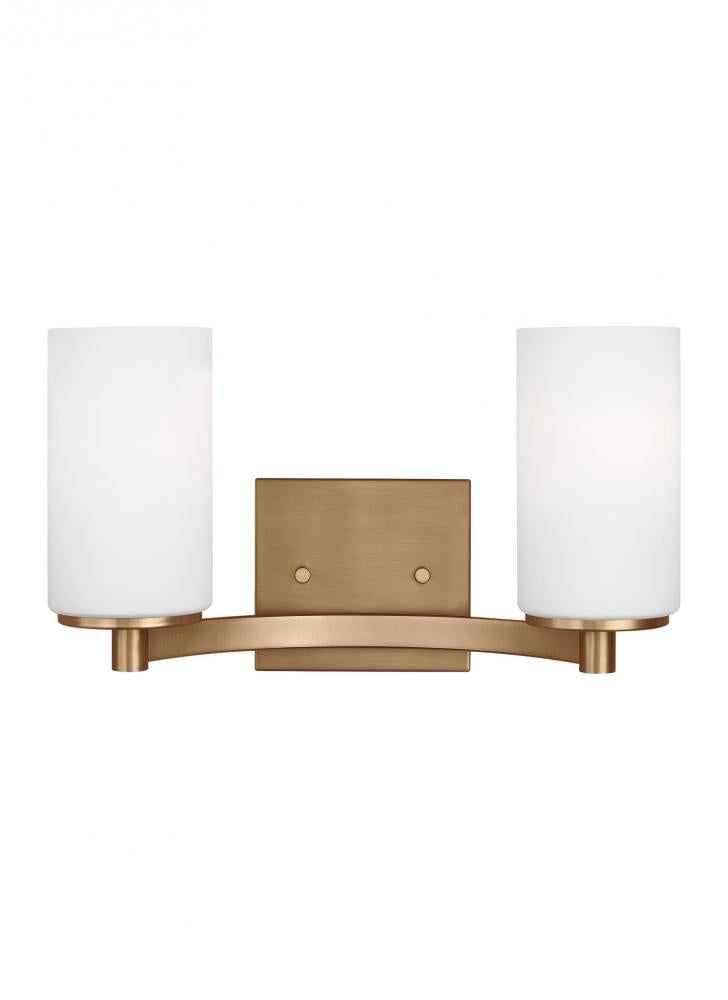 Hettinger traditional indoor dimmable LED 2-light wall bath sconce in a satin brass finish with etch