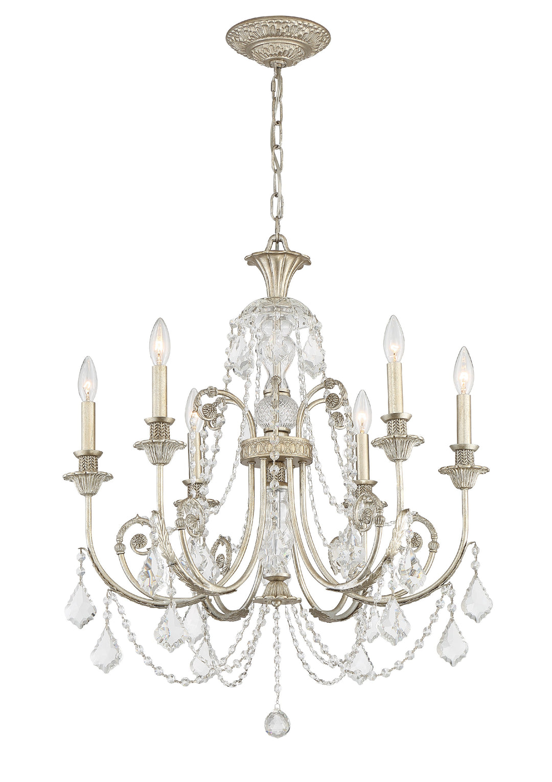 Regis 6 Light Hand Cut Crystal Olde Silver Chandelier