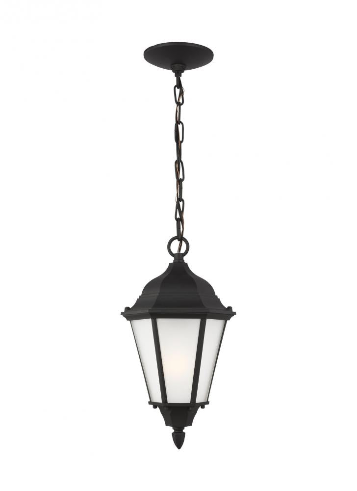 Bakersville traditional 1-light LED outdoor exterior pendant in black finish with satin etched glass