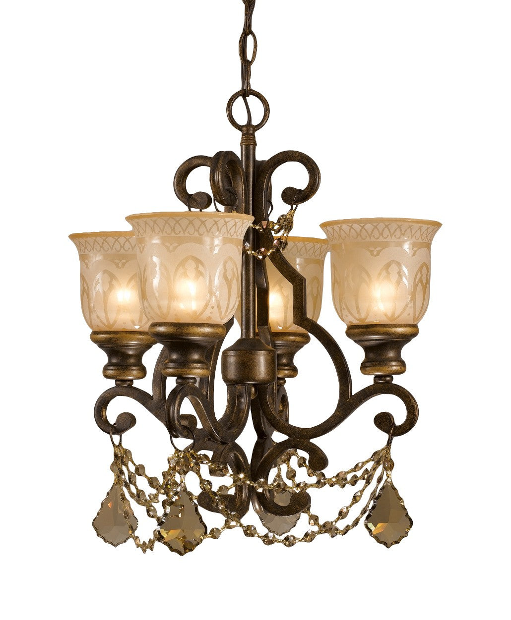 Norwalk 4 Light Golden Teak Hand Cut Crystal Bronze Umber Mini Chandelier