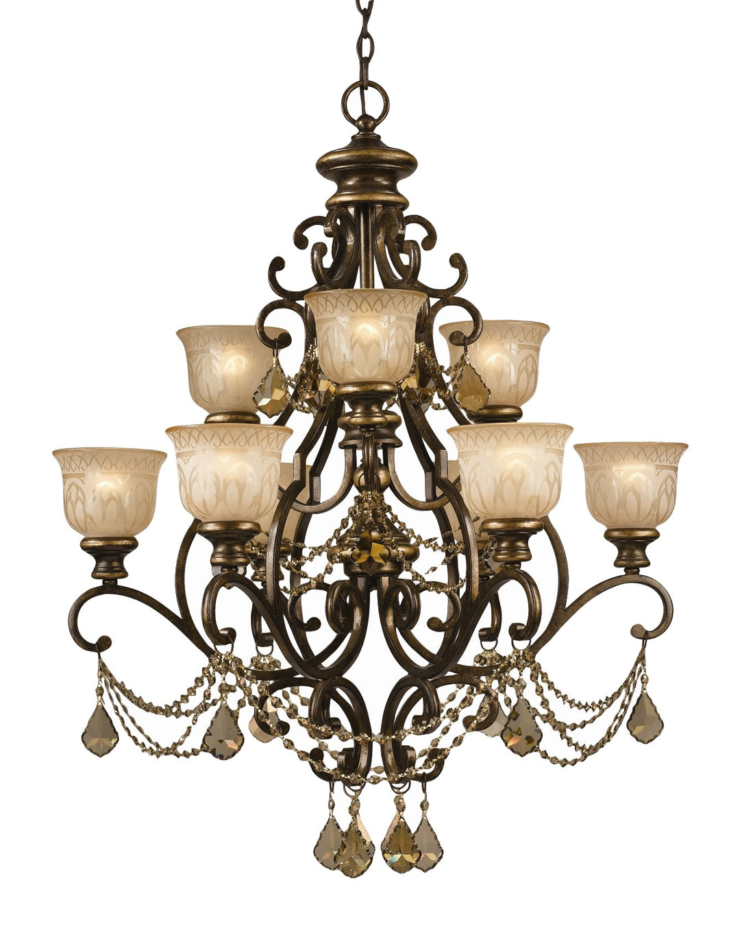 Norwalk 9 Light Golden Teak Swarovski Strass Crystal Bronze Umber Chandelier