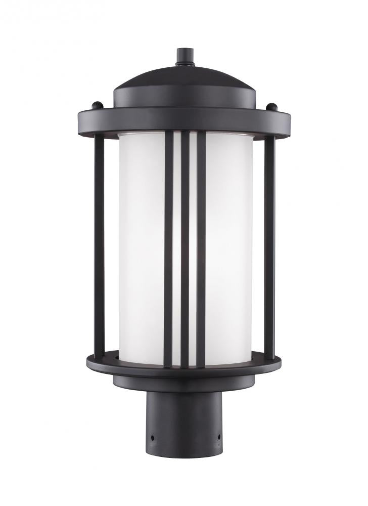 Crowell contemporary 1-light outdoor exterior post lantern in black finish with satin etched glass s