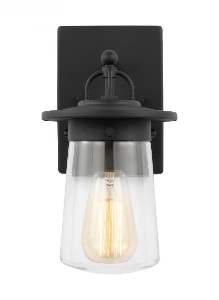 Tybee traditional 1-light outdoor exterior small wall lantern in black finish with clear glass shade