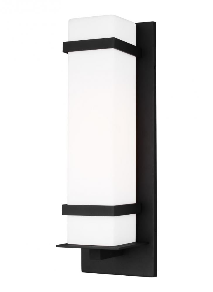 Alban modern 1-light outdoor exterior large square wall lantern in black finish with etched opal gla