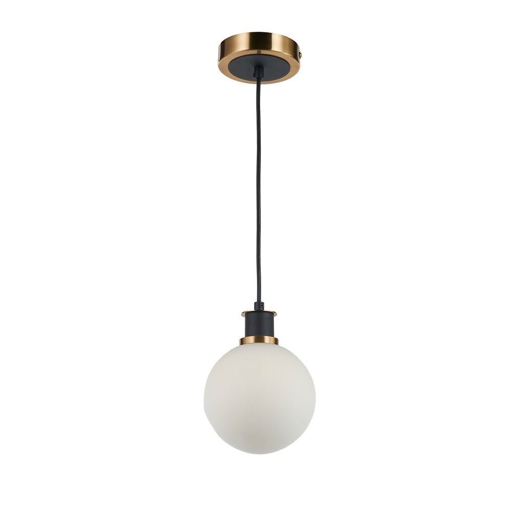 Gem Collection 1-Light Pendant with White Glass Black and Brushed Brass