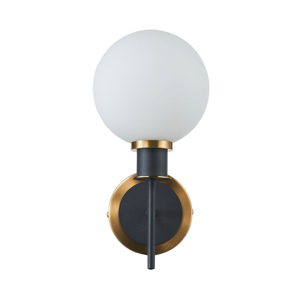 Gem Collection 1-Light Sconce with White Glass Black and Brushed Brass
