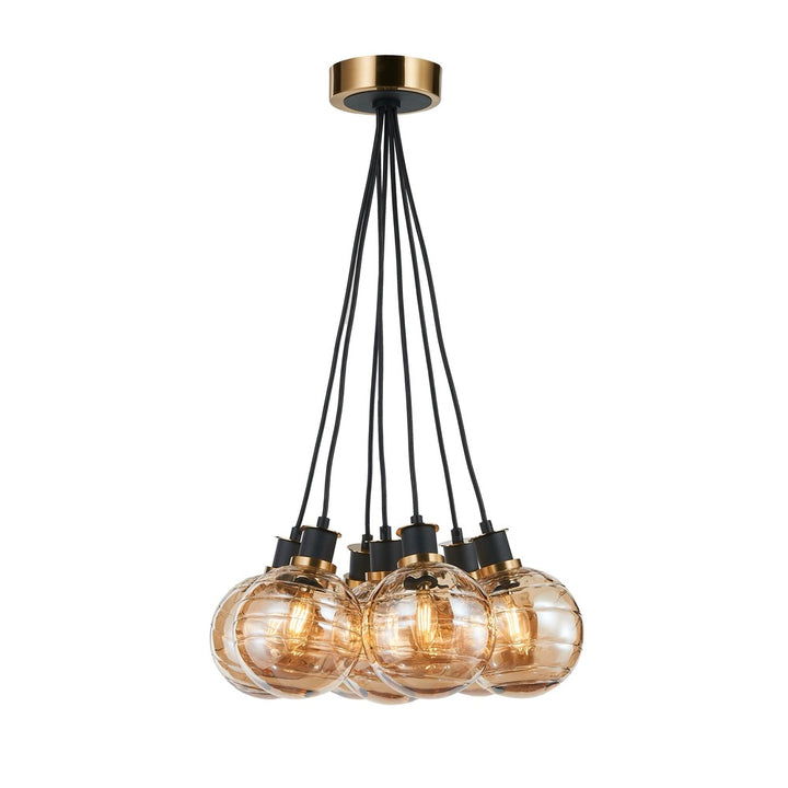 Gem Collection 7-Light Pendant with Amber Glass Black and Brushed Brass