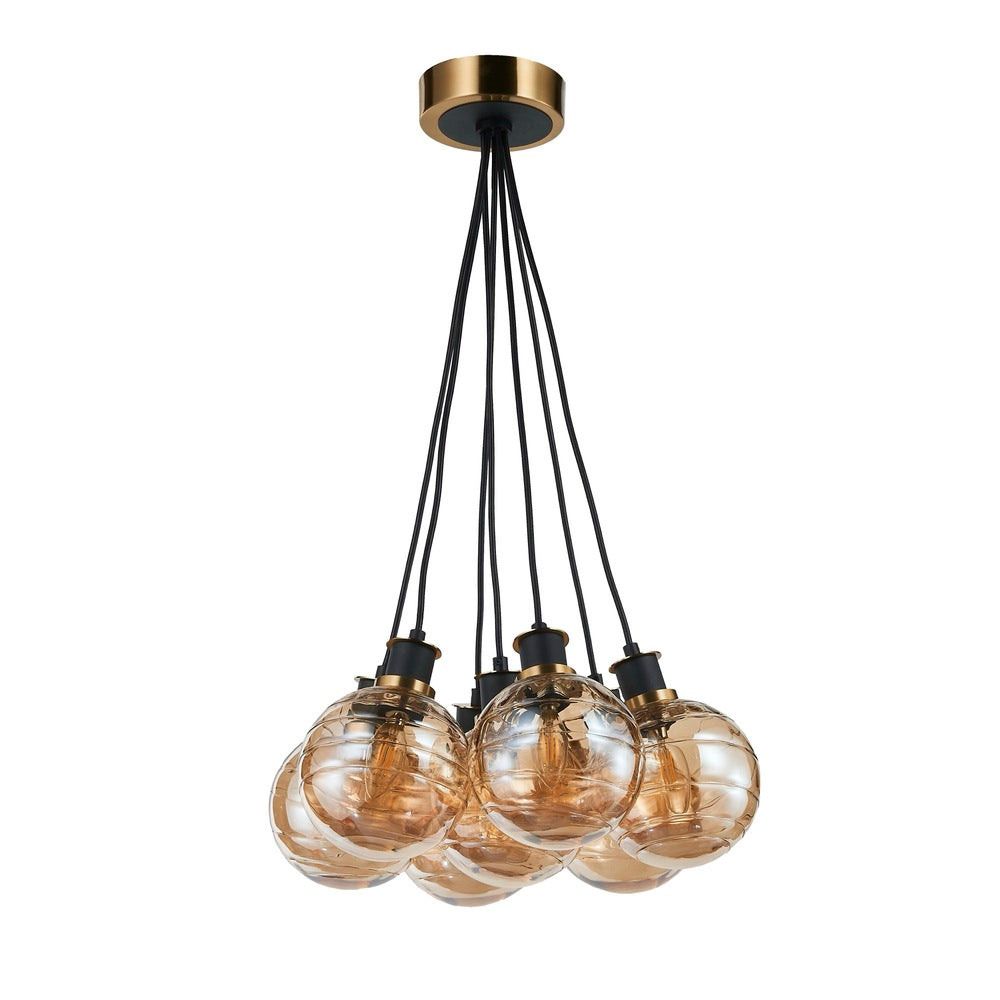 Gem Collection 7-Light Pendant with Amber Glass Black and Brushed Brass