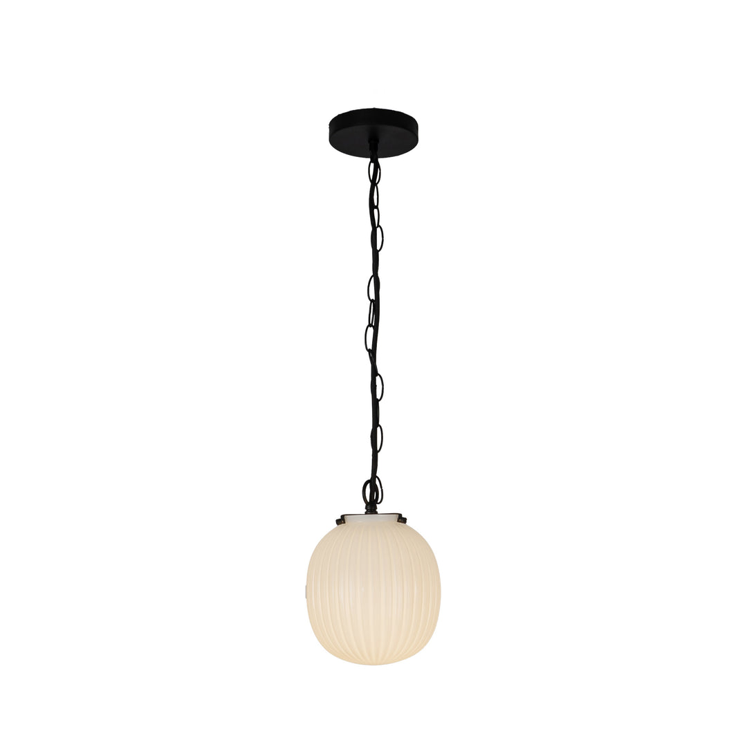 Cherise 7-in Matte Black/Glossy Ribbed Opal Glass Socket Pendant