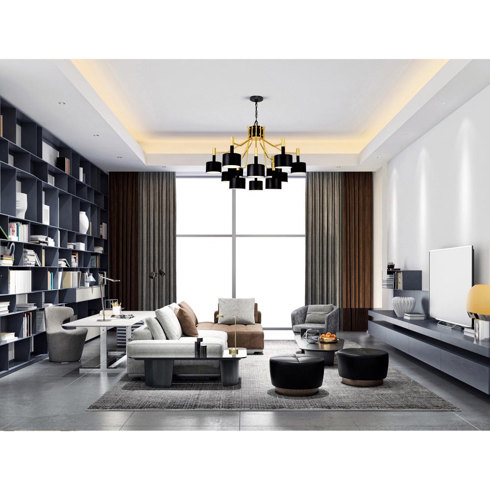 Corna 12 Light Down Chandelier With Matte Black & Satin Gold Finish