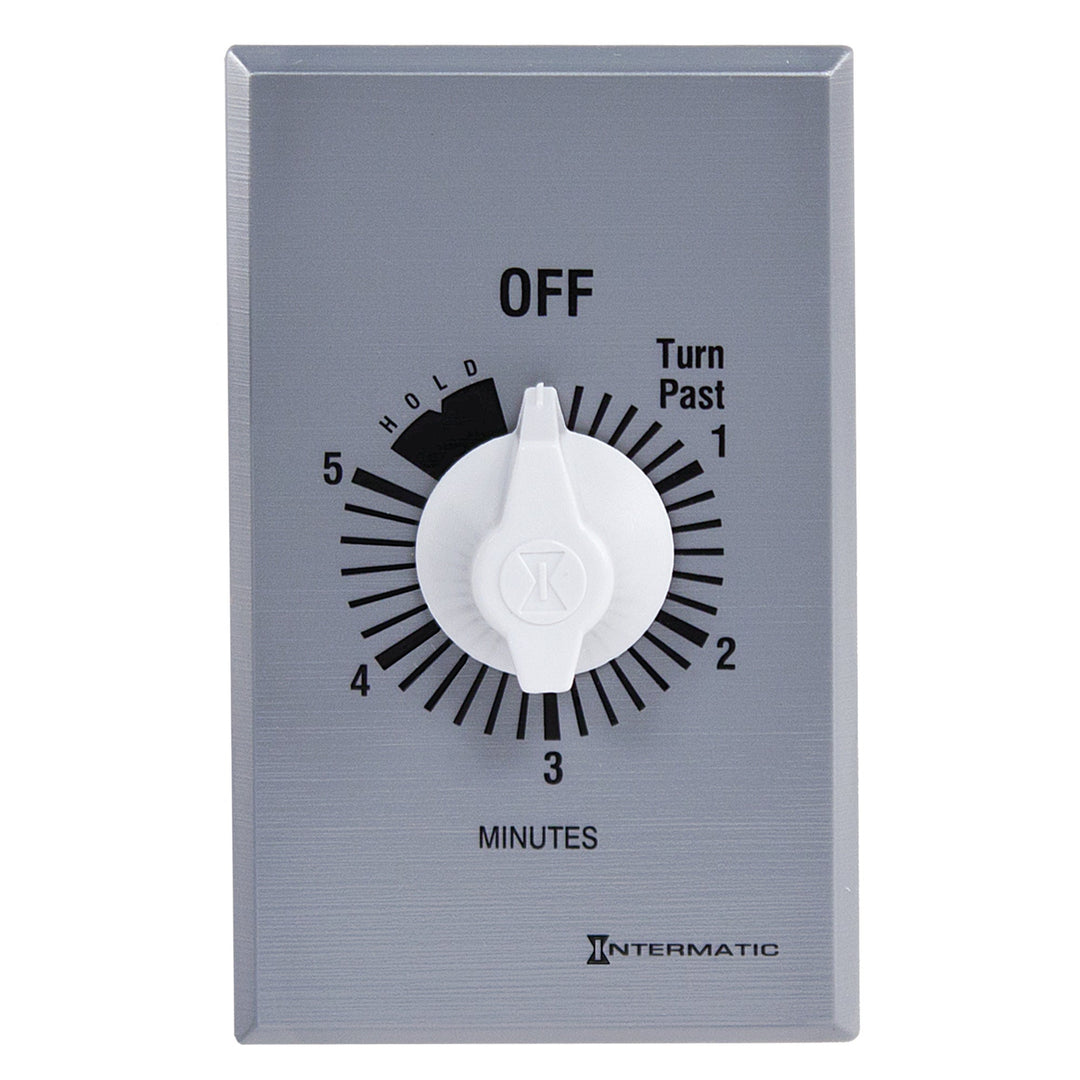 Spring Wound Countdown Timer, Commercial, 125-277 VAC, 50/60 Hz, SPST, 5 Minute Max, With Hold, Silver