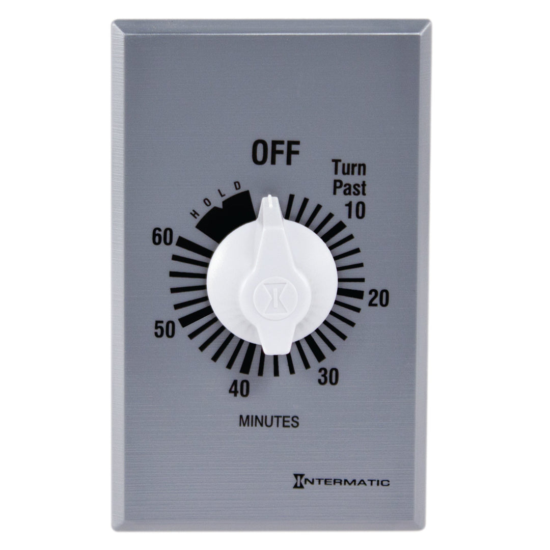 Spring Wound Countdown Timer, Commercial, 125-277 VAC, 50/60 Hz, SPST, 60 Minute Max, With Hold, Silver