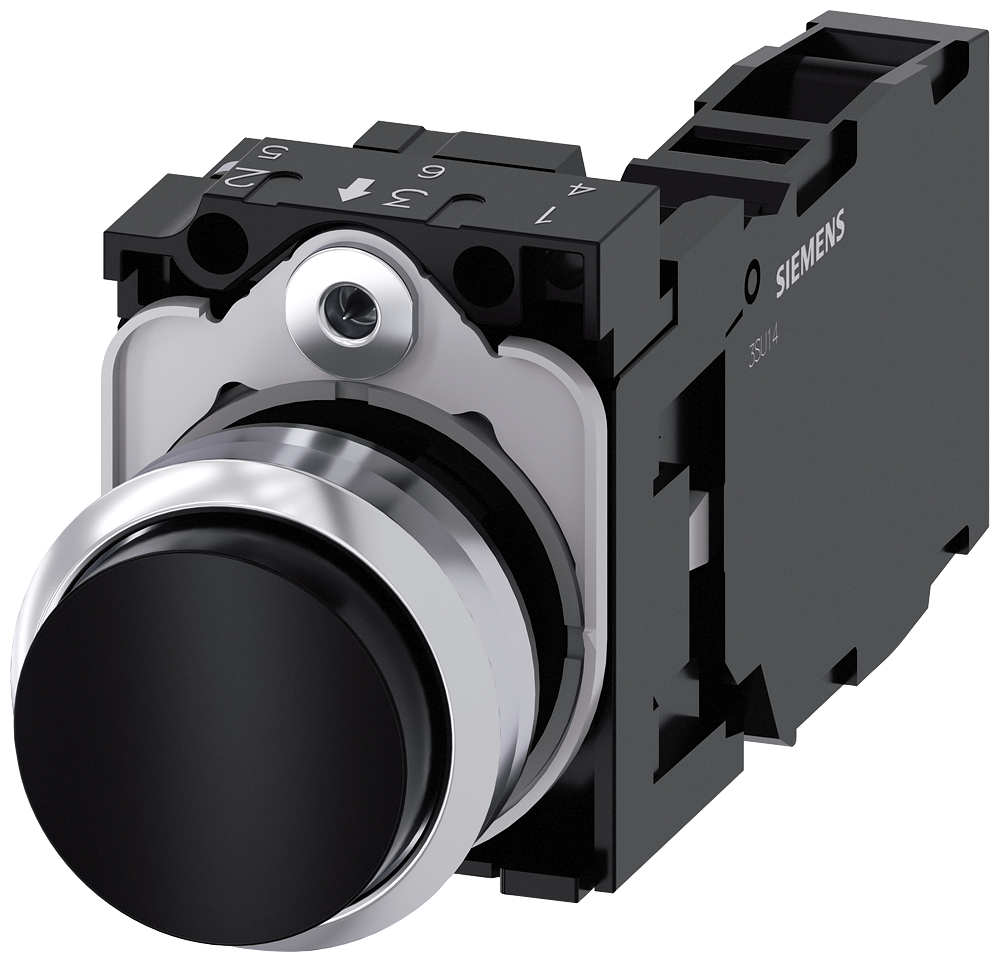 Pushbutton, 22 mm, round, metal, high gloss, black, button, 1 NO + 1 NC