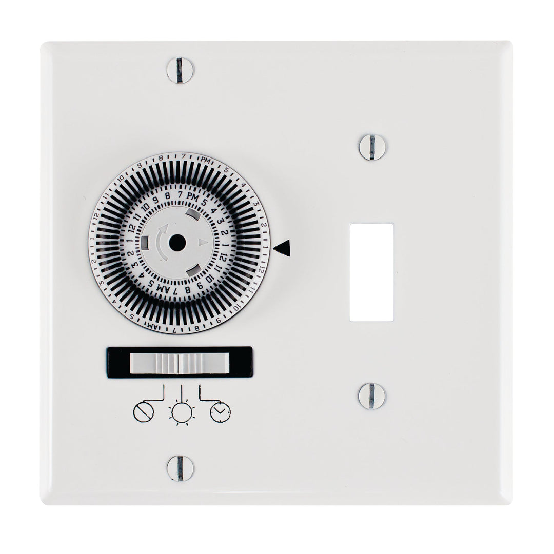 24-Hour Heavy-Duty Mechanical In-Wall Timer, Timer and Toggle Switch, 120 VAC, 20A, SPST, 2 Gang, White