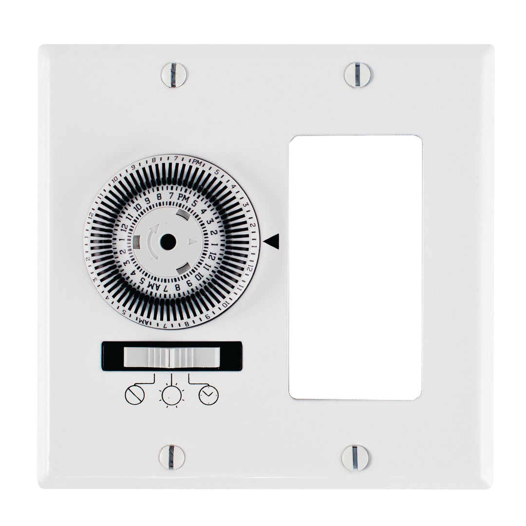 24-Hour Heavy-Duty Mechanical In-Wall Timer, Timer and Decorator Switch, 120 VAC, 20A, SPST, 2 Gang, White