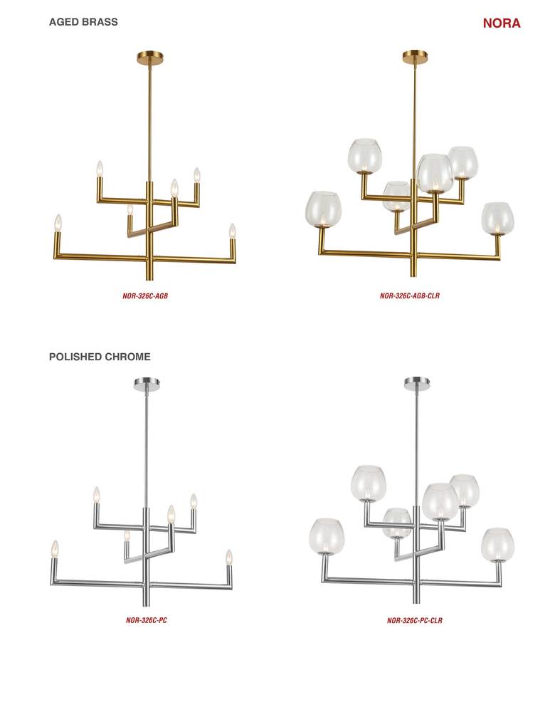 6LT Chandelier,  AGB w/ CLR Glass