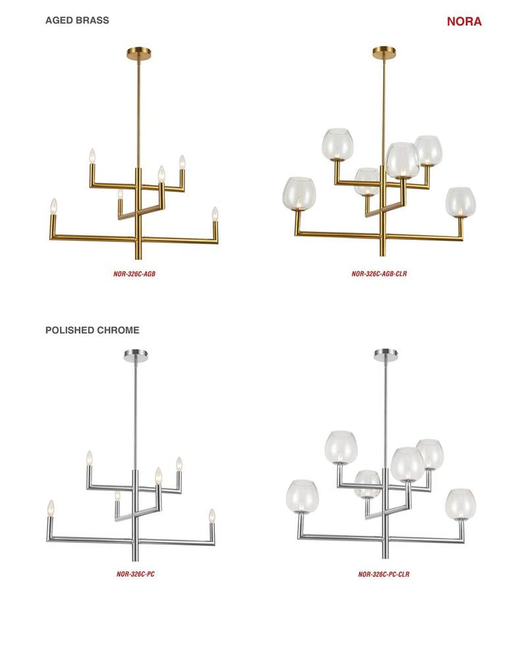 6LT Chandelier,  AGB w/ CLR Glass