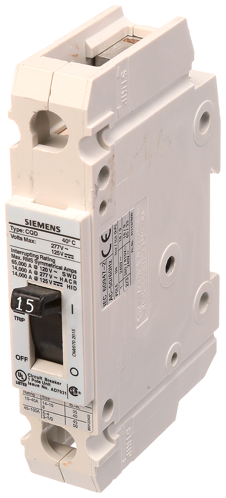 CQD MCCB,TM,1P,277V,15A,14kA,DIN Rail