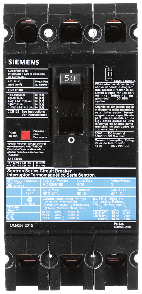 ED6 C/B SENTRON 3P 25KA 600V 50A LUGS