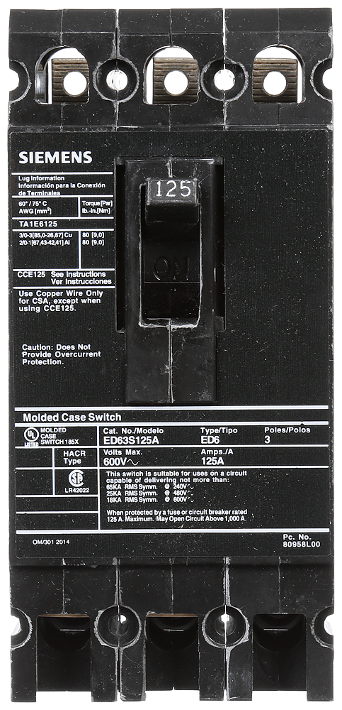 M.C.P., 3P, 600 VAC, 125A, AUTO SELF PRT