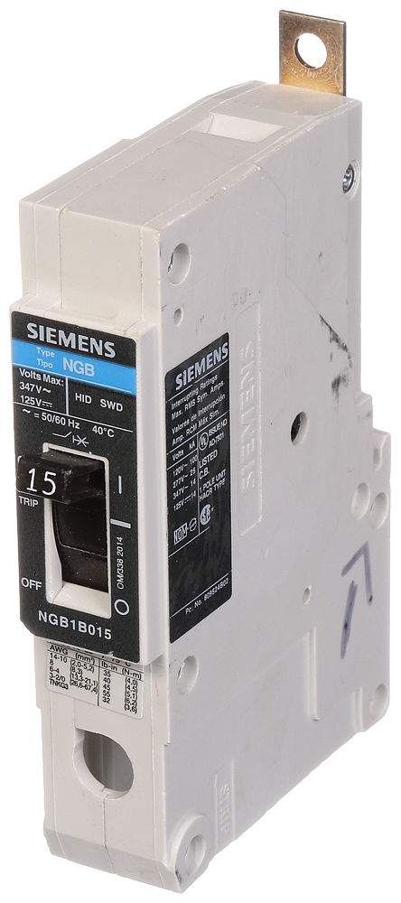 NGB MCCB, 347V, 1P, 15A, 14kA, Load Lugs