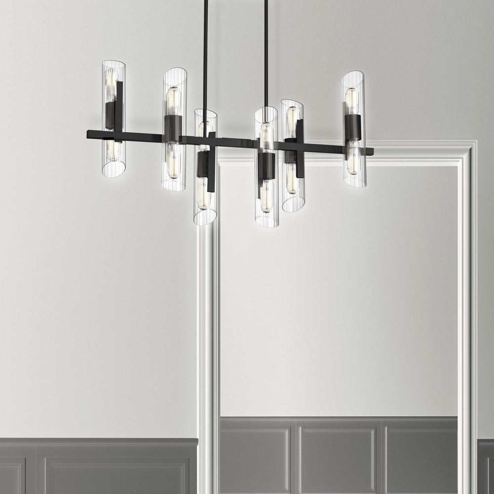 12LT Horiz Chandelier, MB w/ Clear Fluted Glass