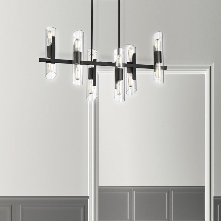 12LT Horiz Chandelier, MB w/ Clear Fluted Glass
