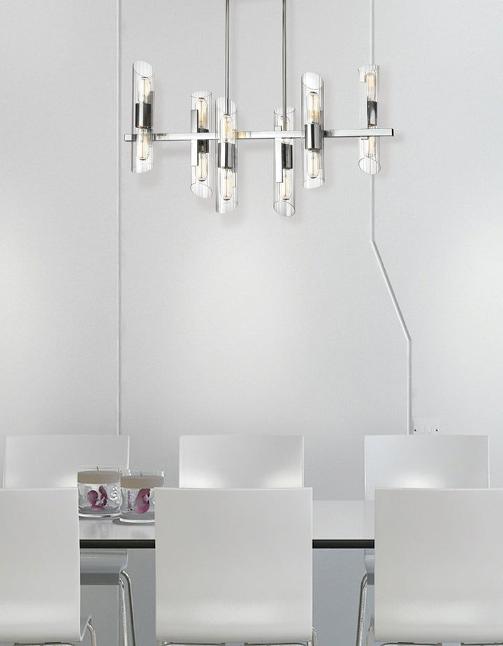 12LT Horiz Chandelier, PC w/ Clear Fluted Glass
